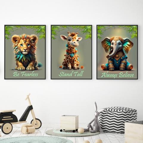 3 Piece Print Set For Nursery Lion Cub, Giraffe Calf, Baby Elephant A4 Decor Wall Art