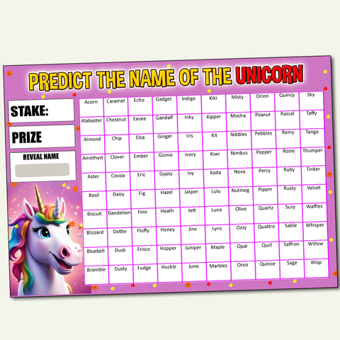 A4 Guess the name of the Unicorn Fundraising Scratch Card Game 100 Summer Fete