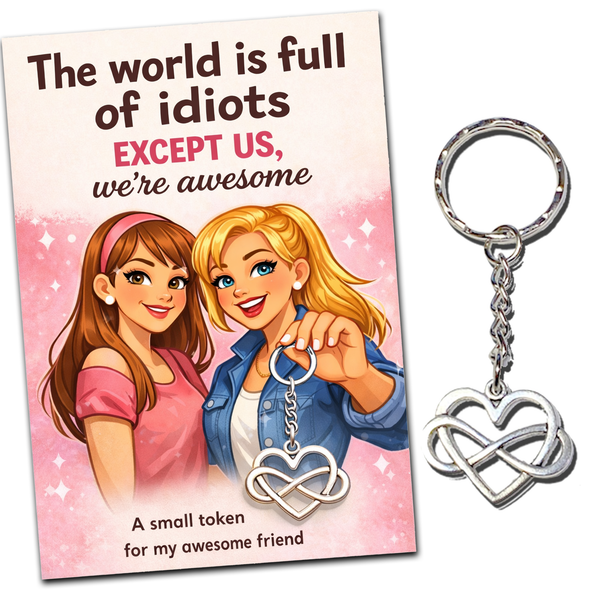 Best Friend Gift Card with Infinity Heart Keyring – “The World Is Full of Idiots Except Us” Friendship Card, Birthday Gift for Bestie, Friendship Gifts for Women