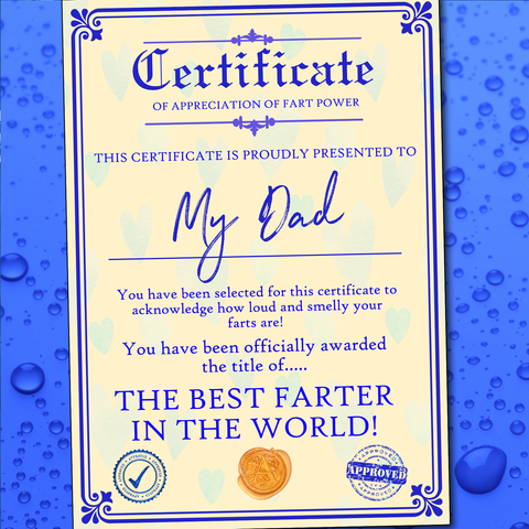 Personalised Fathers Day Gift Best FARTER Dad Daddy Grandad Grandpa Uncle Certificate 💨