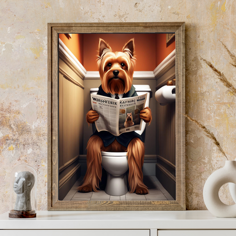 Yorkshire Terrier Sitting on a Toilet Reading a Newspaper - Wall Art for Bathroom