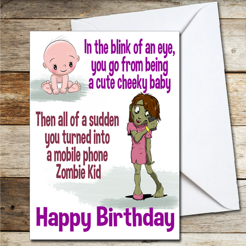 Childrens Birthday Card Daugther, Sister, Granddaughter Funny Zombie