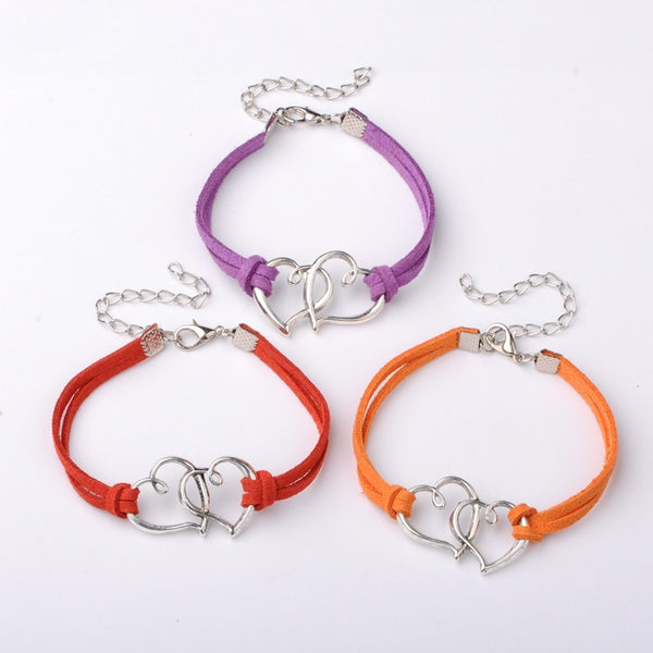 Double Heart Charm Leather Bracelet for Mum, Daughter, Sister Girlfriend