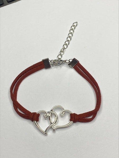 Double Heart Charm Leather Bracelet for Mum, Daughter, Sister Girlfriend