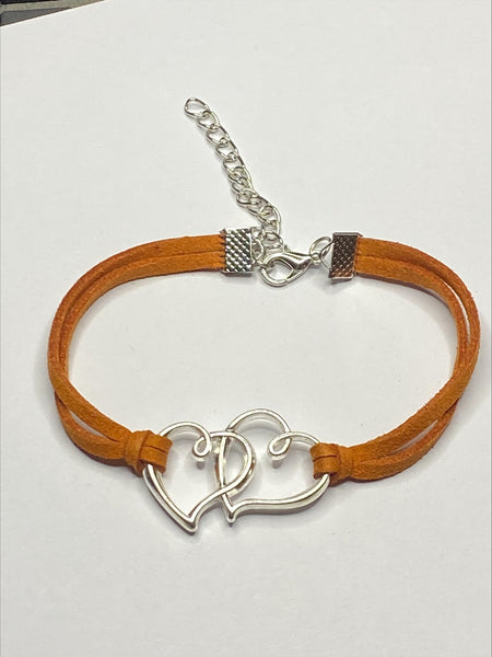 Double Heart Charm Leather Bracelet for Mum, Daughter, Sister Girlfriend