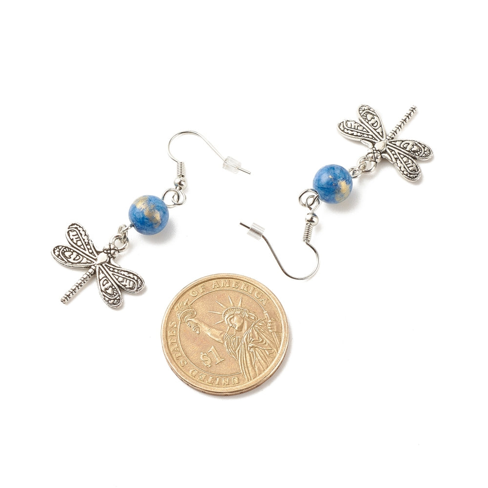 Natural Mashan Jade with Alloy Dragonfly Dangle Earrings
