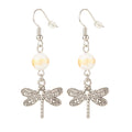 Natural Mashan Jade with Alloy Dragonfly Dangle Earrings Floral White