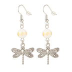 Natural Mashan Jade with Alloy Dragonfly Dangle Earrings Floral White