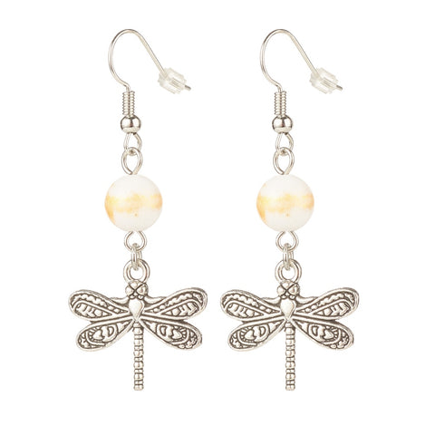 Natural Mashan Jade with Alloy Dragonfly Dangle Earrings Floral White