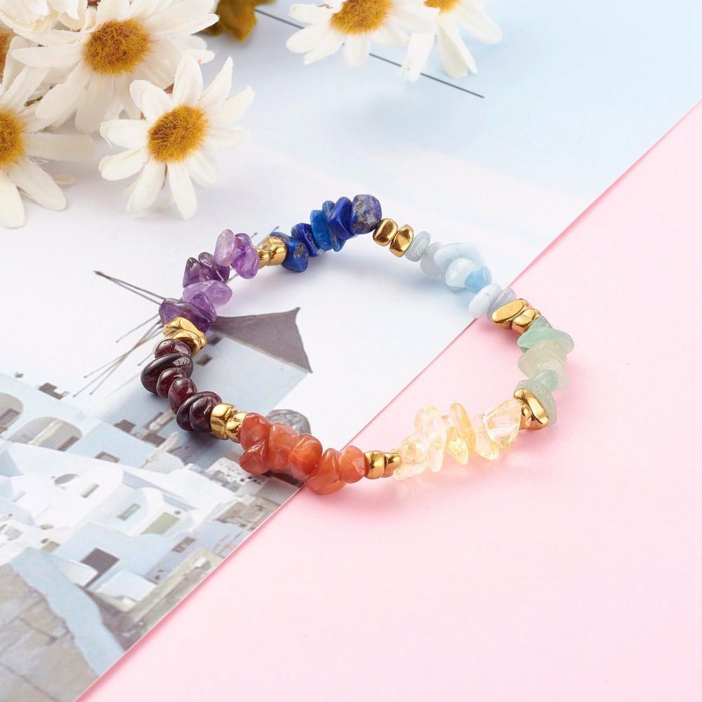 Golden Chips And Crystal Gemstone Bracelet Chakra Natural Stretch Reiki