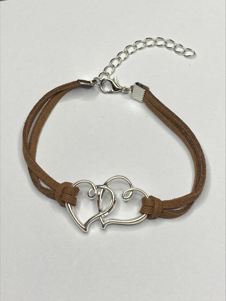 Double Heart Charm Leather Bracelet for Mum, Daughter, Sister Girlfriend