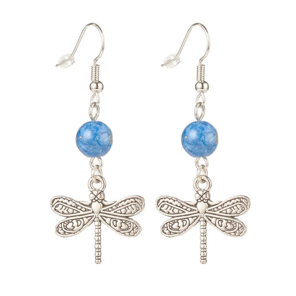 Natural Mashan Jade with Alloy Dragonfly Dangle Earrings