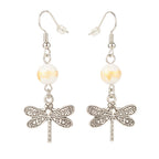 Natural Mashan Jade with Alloy Dragonfly Dangle Earrings Floral White