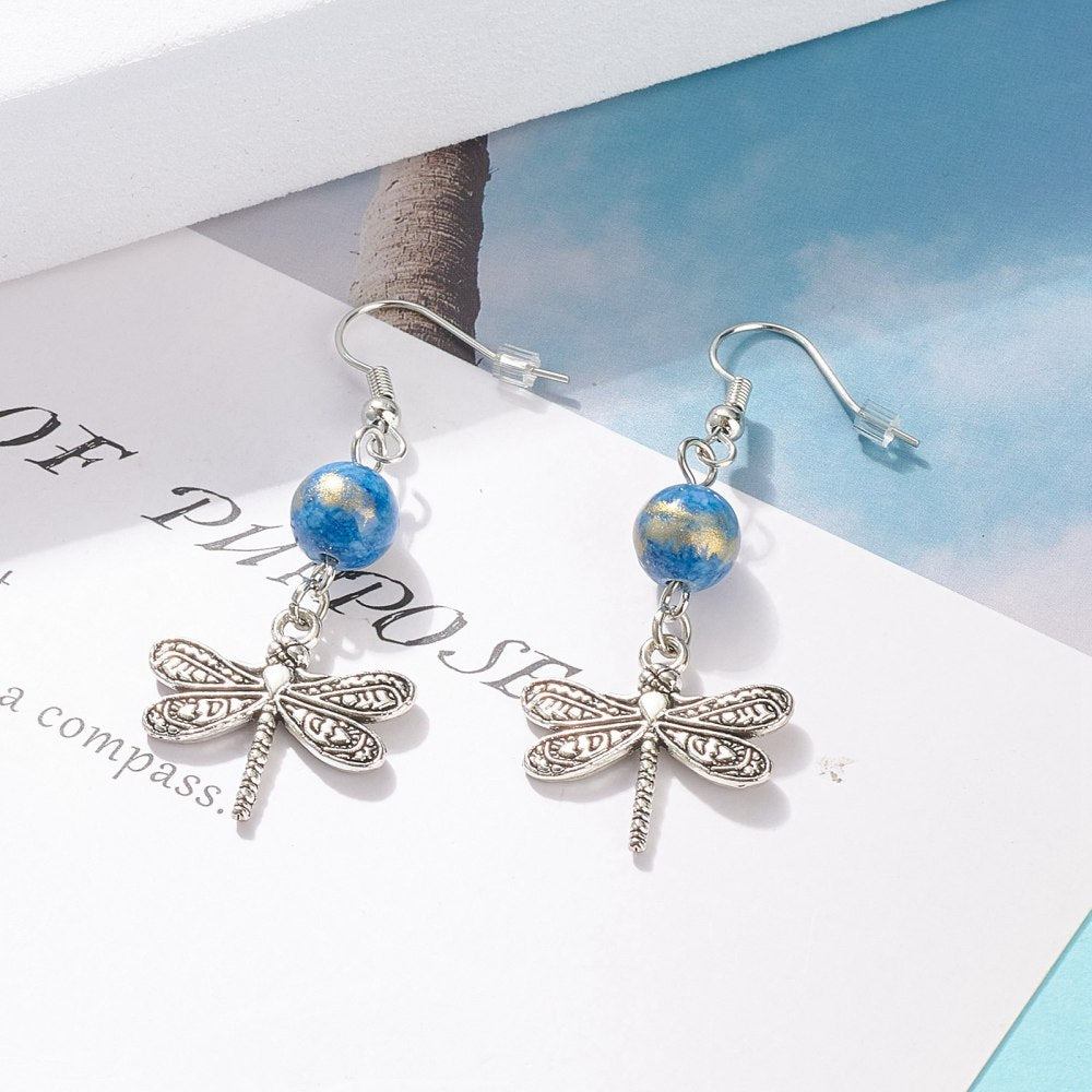 Natural Mashan Jade with Alloy Dragonfly Dangle Earrings