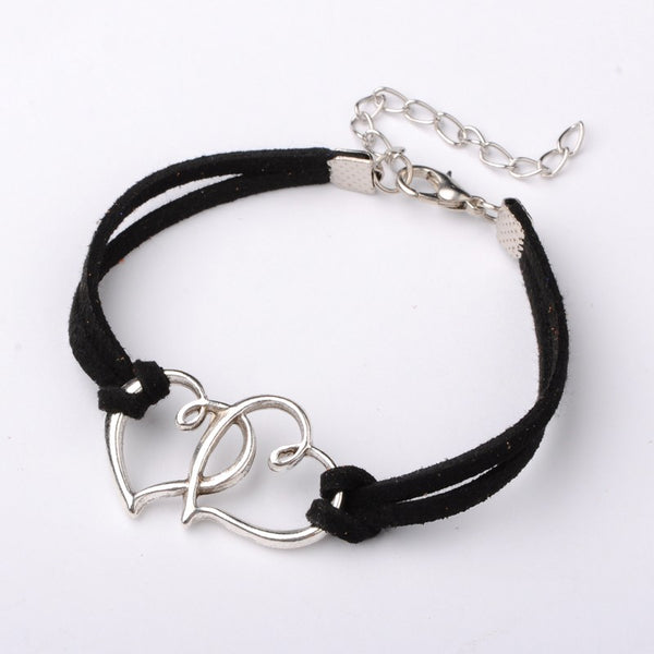 Double Heart Charm Leather Bracelet for Mum, Daughter, Sister Girlfriend