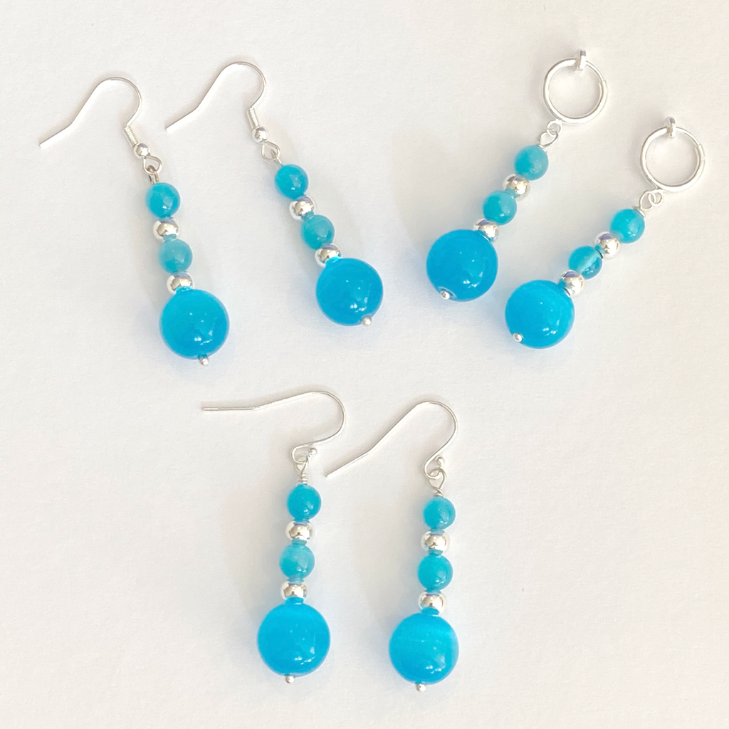 925 Silver Hooks on Blue Cat Eye and Silver Bead Drop Earrings