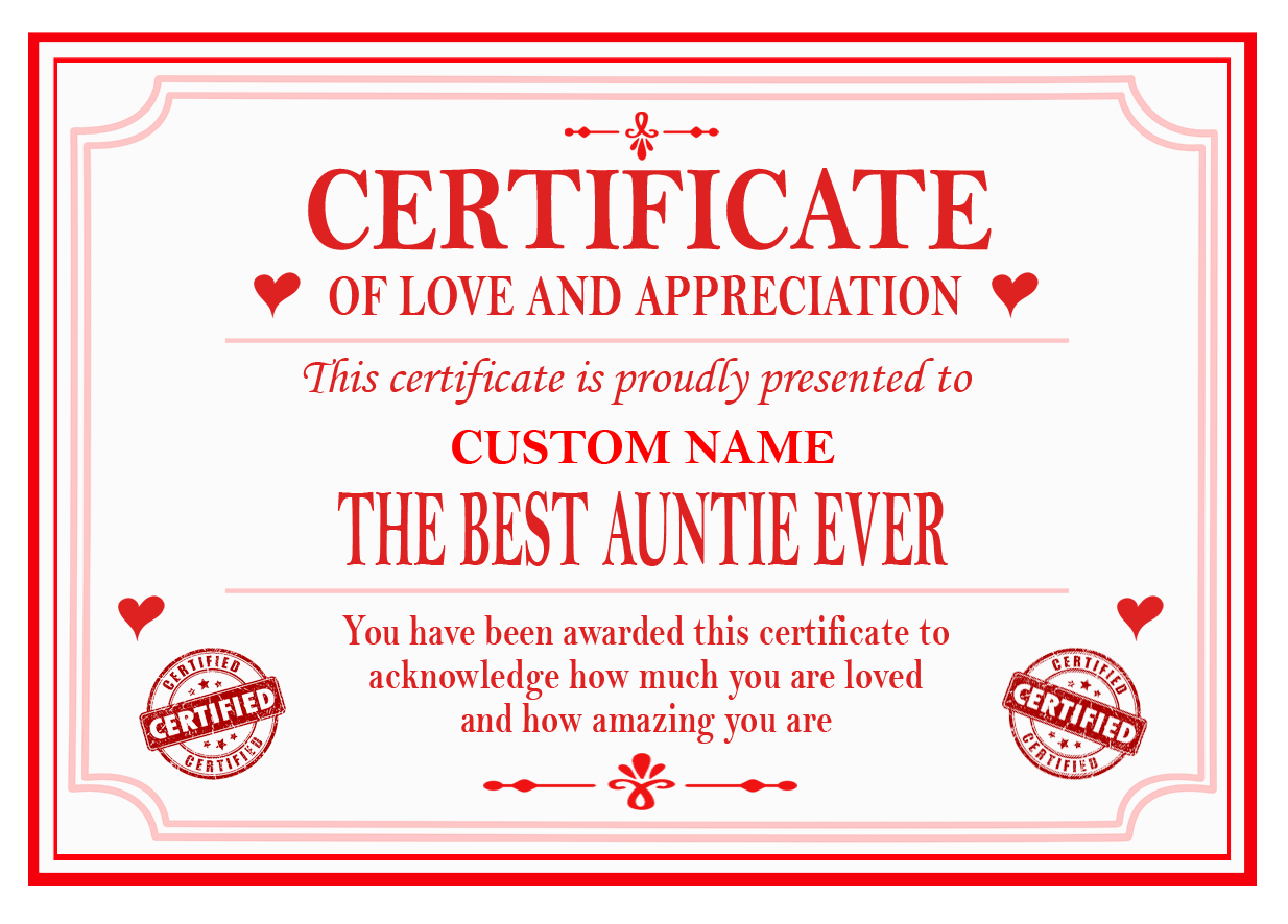 Best Mum, Dad, Brother, Sister, Auntie or Uncle Certificate