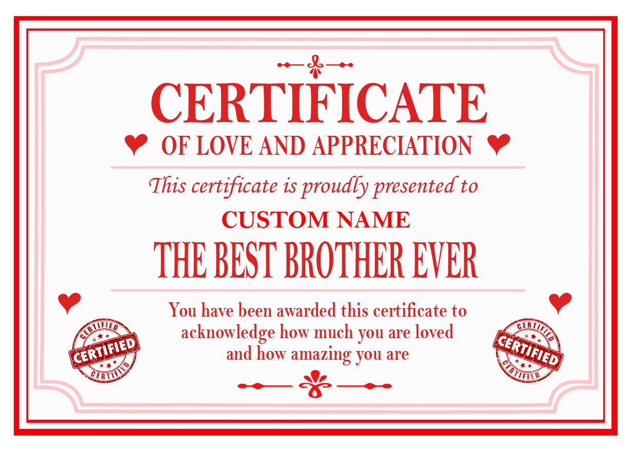 Best Mum, Dad, Brother, Sister, Auntie or Uncle Certificate