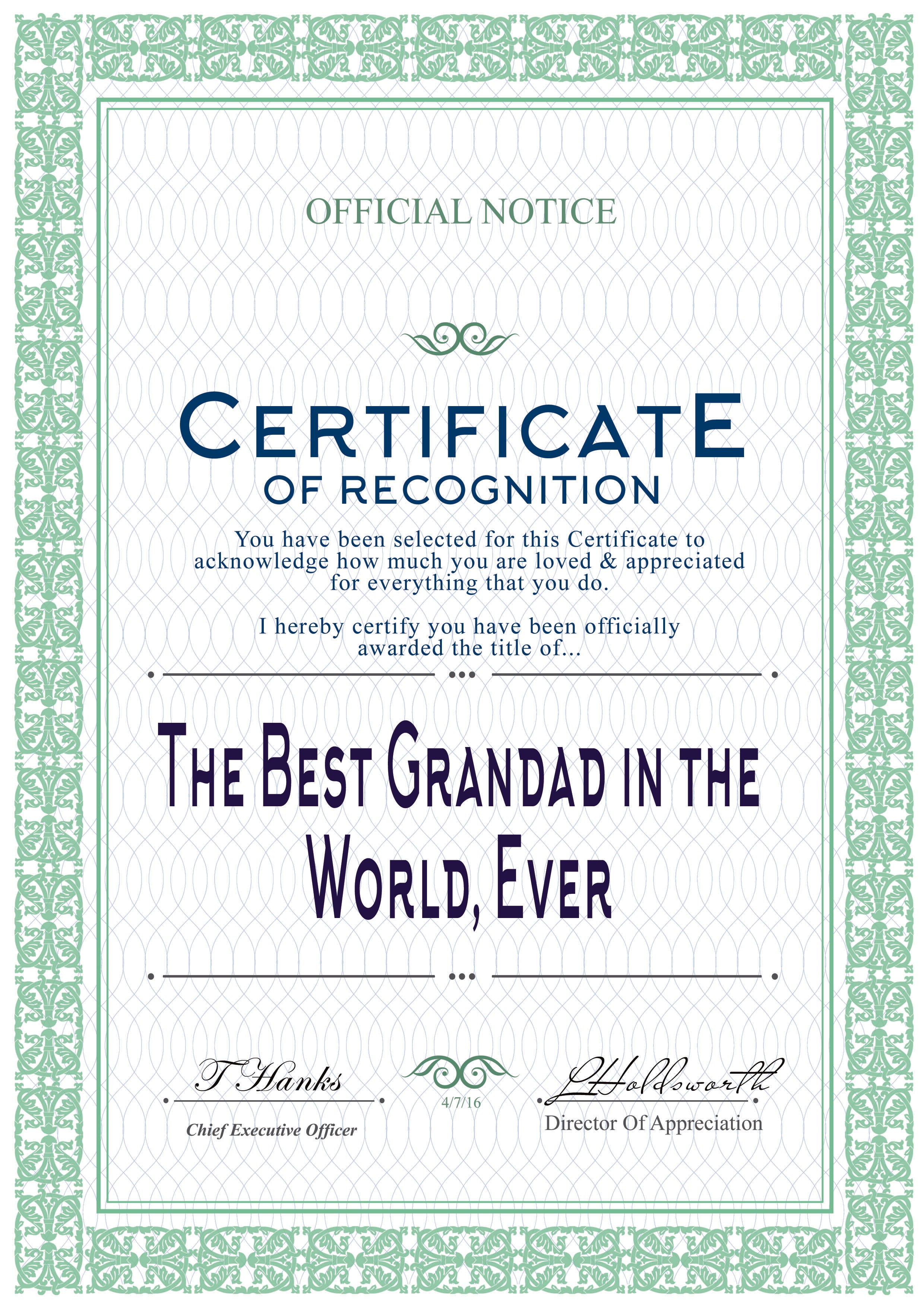 The Best In the World Certificate