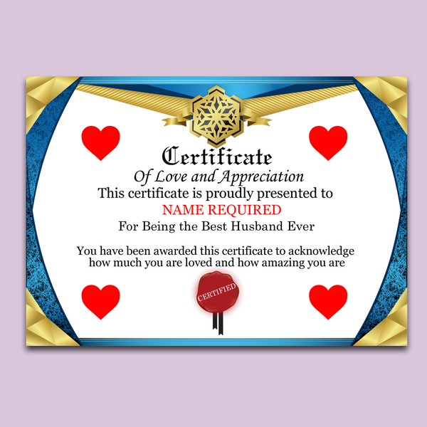 Valentines Day Novelty Certificate Present For Boyfriend Girlfriend Husband or Wife