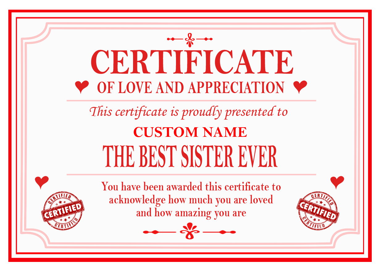 Best Mum, Dad, Brother, Sister, Auntie or Uncle Certificate