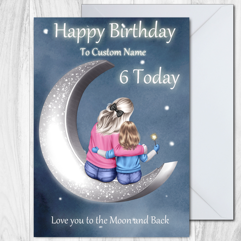 Girls Birthday Card Personalised Daughter Sister Moon and Back A5 Size