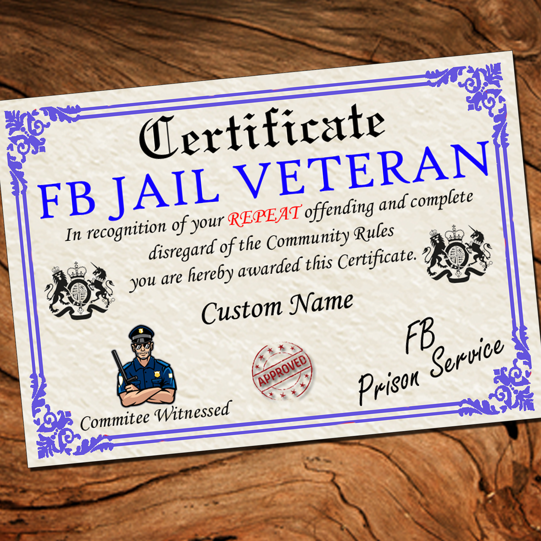 FB Jail Veteran Personalised Certificate