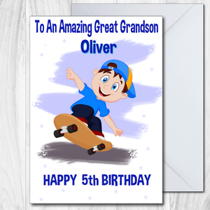 Great Grandson Birthday Card Personalised Boy on Skateboard