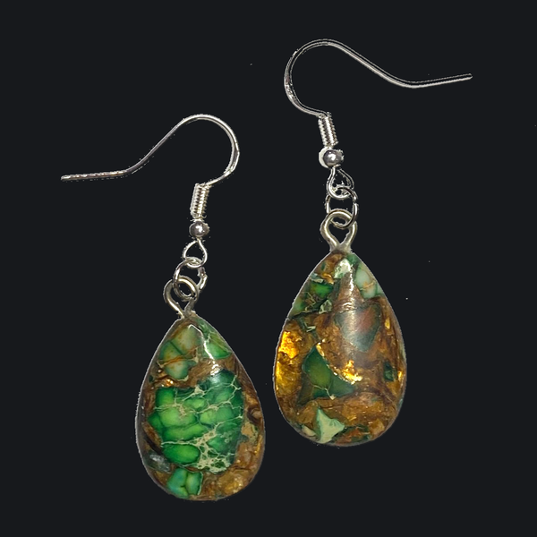 925 Silver Bronzite Natural & Synthetic Drop Earrings - One Of A Kind Green Gold