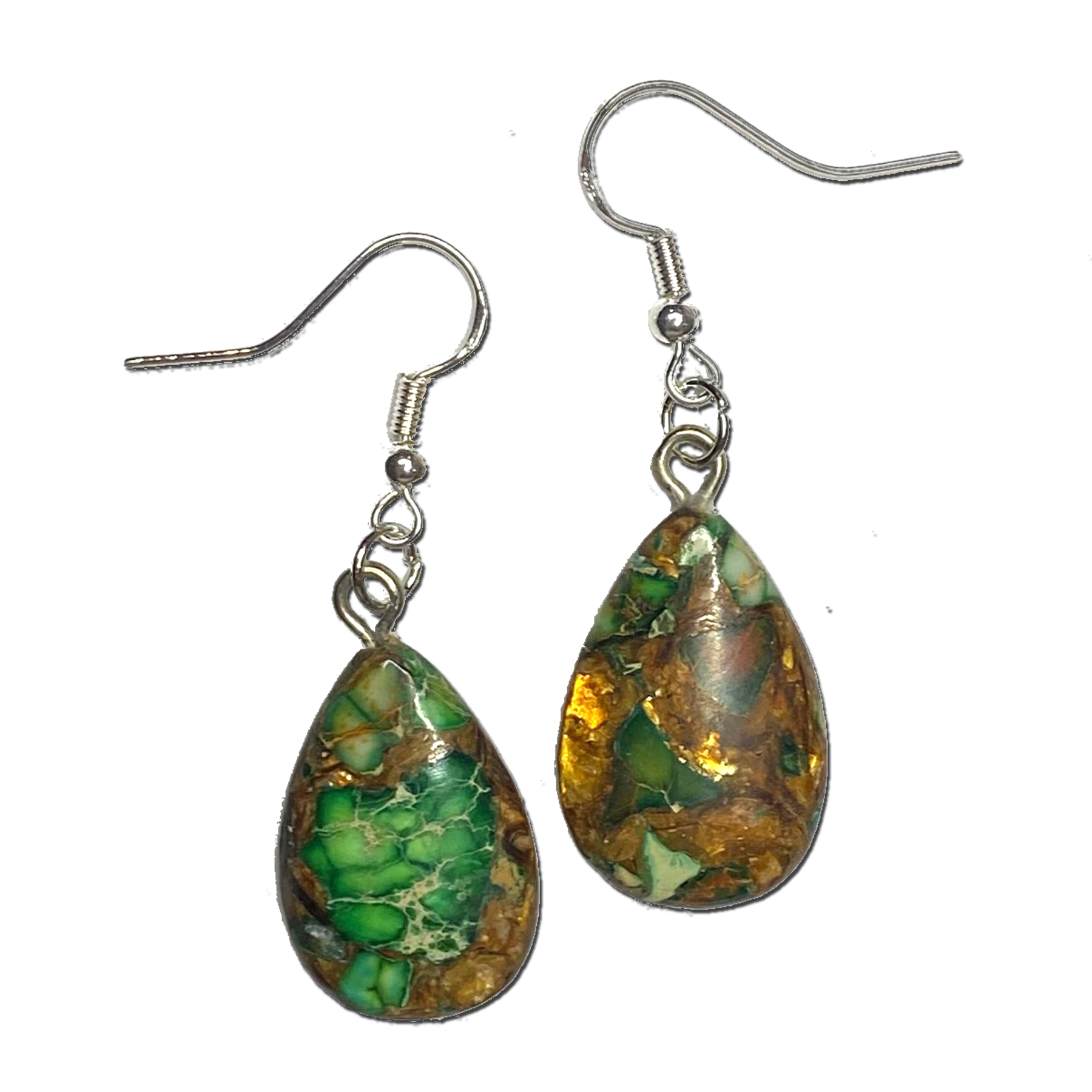 925 Silver Bronzite Natural & Synthetic Drop Earrings - One Of A Kind Green Gold