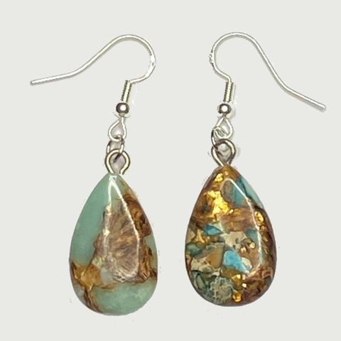 925 Silver Bronzite Natural & Synthetic Drop Earrings - One Of A Kind Jade and Gold