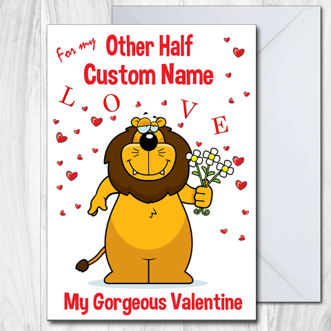 LION WITH FLOWERS OTHER HALF VALENTINES DAY CARD PERSONALISED