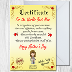 Mothers Day Card Worlds Best Mother Certificate Mum Mummy Mam