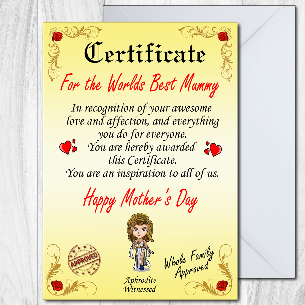 Mothers Day Card Worlds Best Mother Certificate Mum Mummy Mam