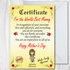 Mothers Day Card Worlds Best Mother Certificate Mum Mummy Mam