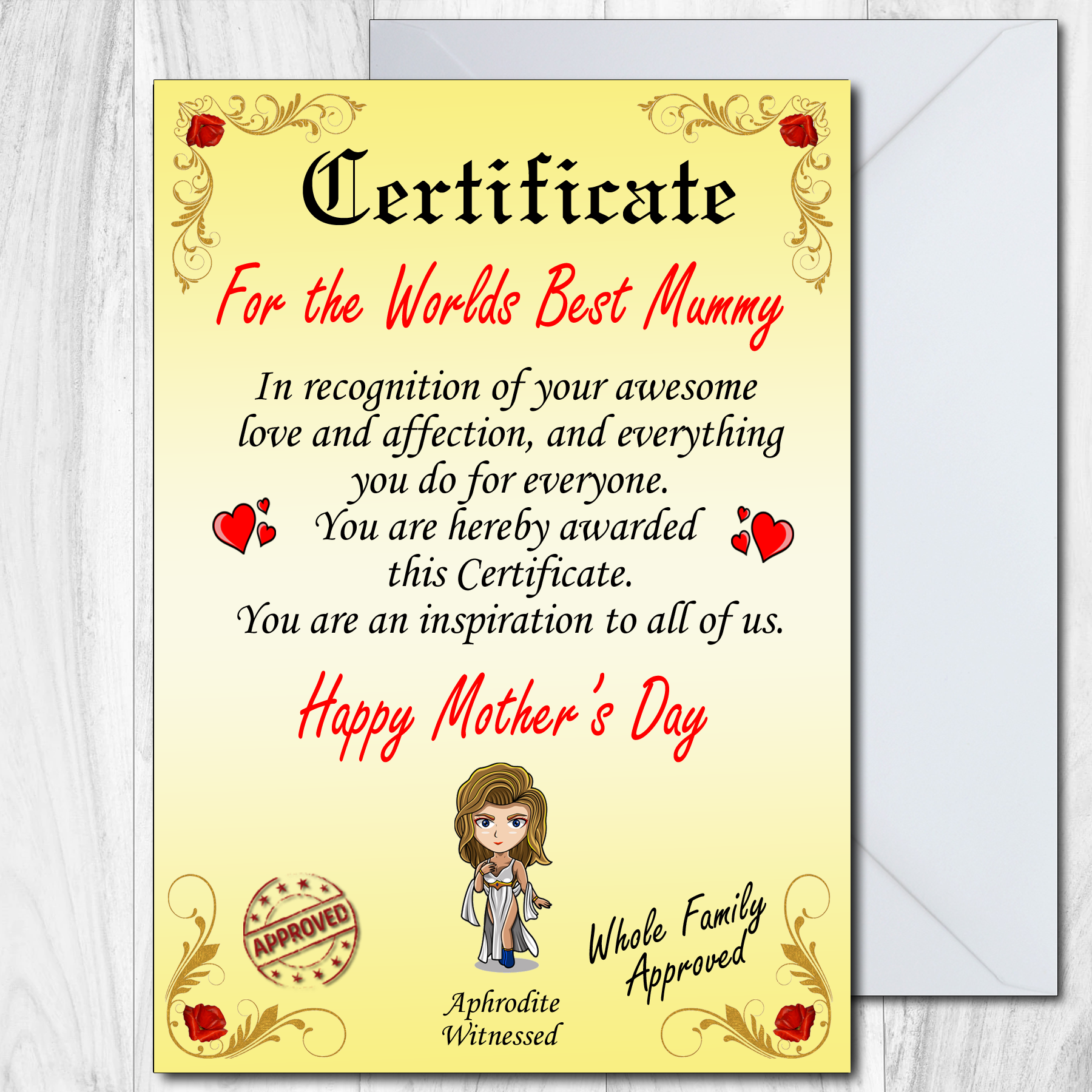 Mothers Day Card Worlds Best Mother Certificate Mum Mummy Mam