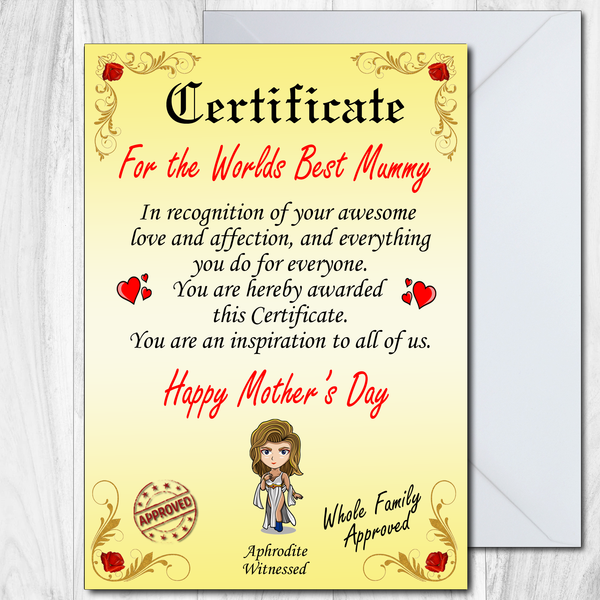 Mothers Day Card Worlds Best Mother Certificate Mum Mummy Mam