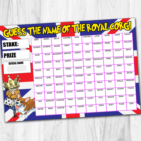 King Charles Coronation Guess the Name of Royal Corgi Fundraising Game A4
