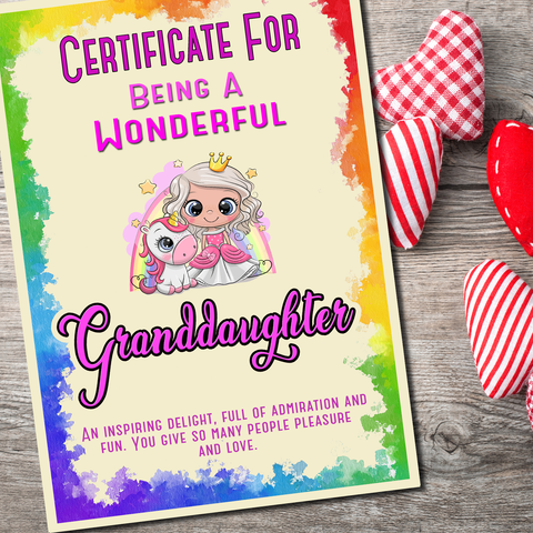 Certificate Grandson Granddaughter Birthday Gift Print Superhero or Unicorn Princess
