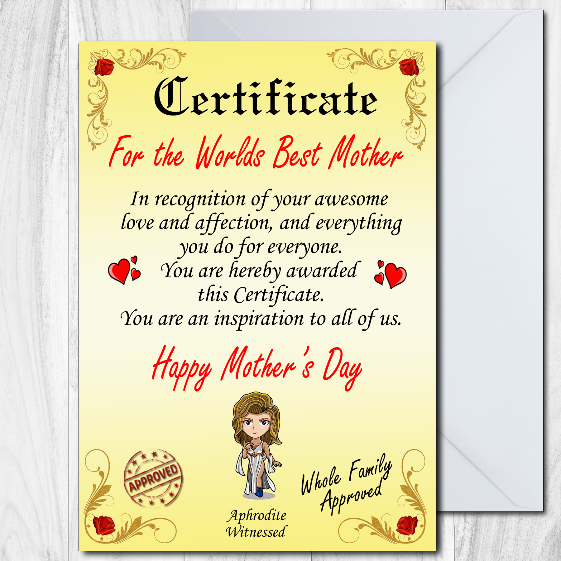 Mothers Day Card Worlds Best Mother Certificate Mum Mummy Mam