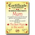 Mothers Day Novelty Gift Certificate Present For Mum Mummy Gift From Daughter