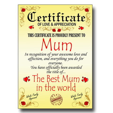 Mothers Day Novelty Gift Certificate Present For Mum Mummy Gift From Daughter