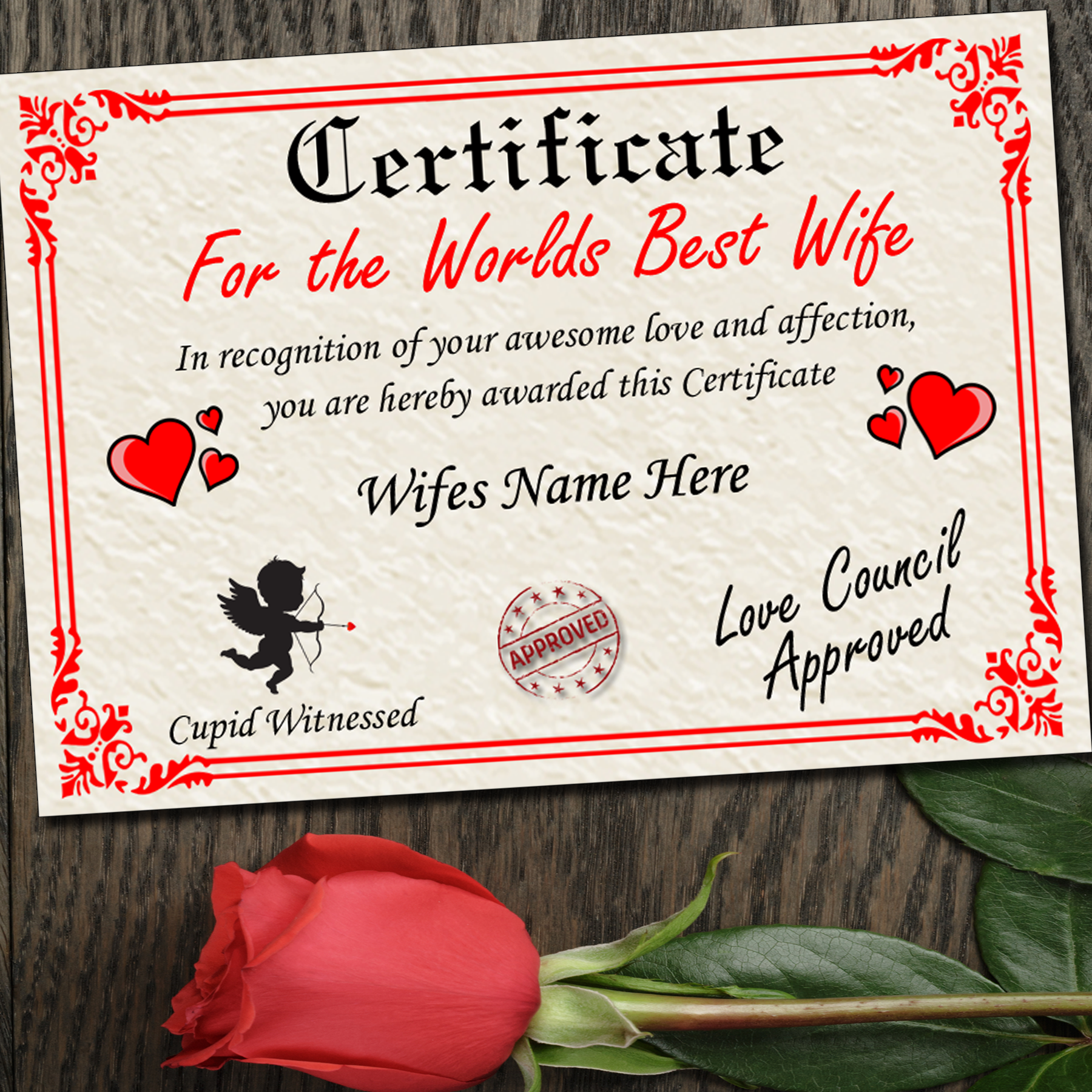 Personalised Worlds Best Wife Certificate, Birthday, Valentine's Day Gift Present