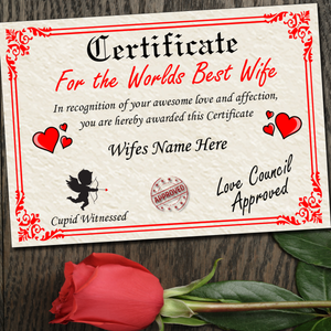 Personalised Worlds Best Wife Certificate, Birthday, Valentine's Day Gift Present